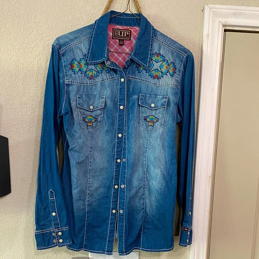 Western embroidered denim Pearl snap rodeo shirt - Picture 1 of 4